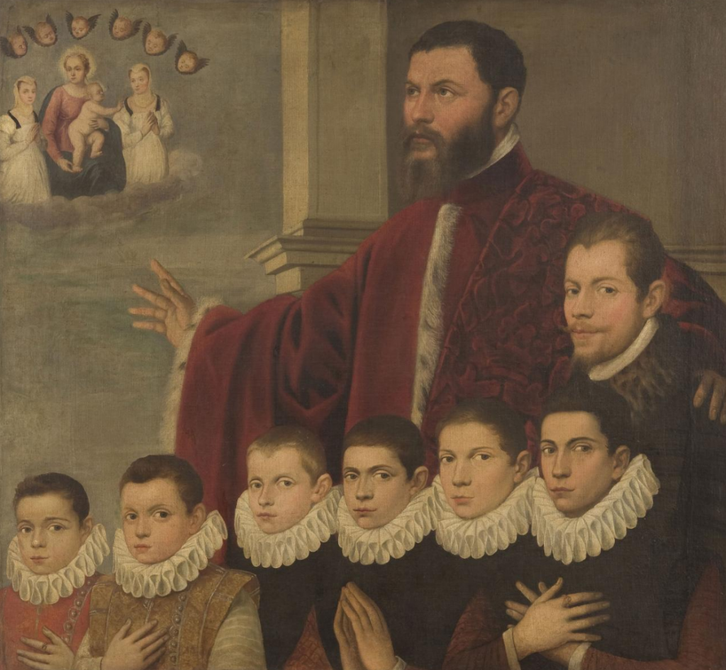 Portrait of a Venetian Senator with Male Members of His Family, the Virgin and Child with Cherubim, and Two Female Figures in Glory
Late 16th century
Follower of Tintoretto (Jacopo di Giovanni Battista Robusti) (Italian (active Venice), 1519-1594), https://philamuseum.org/collection/object/101959
